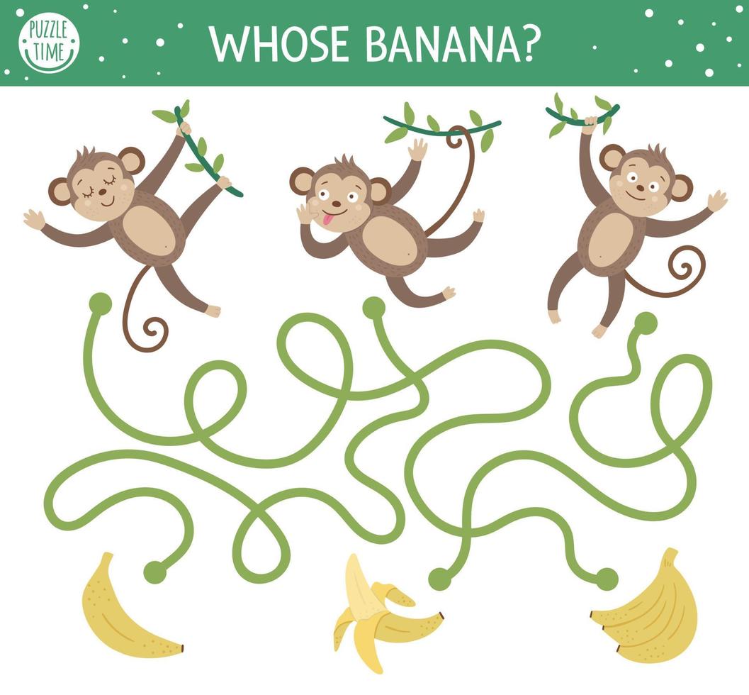 Tropical maze for children. Preschool exotic activity. Funny jungle puzzle with cute monkeys and fruit. Whose banana. Simple summer game for kids vector