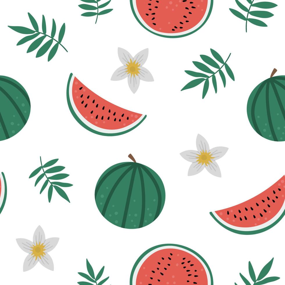 Vector watermelon seamless pattern. Jungle fruit repeat background. Hand drawn flat exotic texture. Bright childish healthy tropical summer food digital paper.