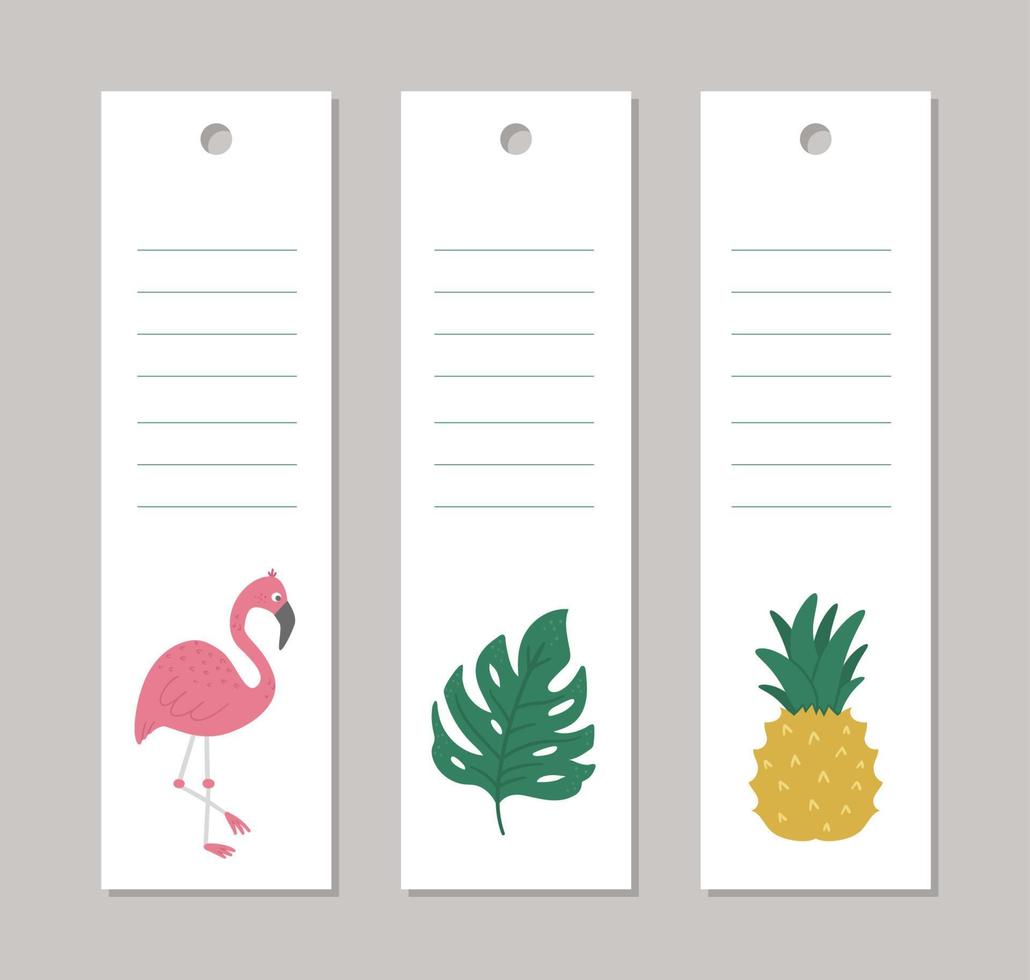 conjunto de plantillas de tarjetas de diseño vertical de verano vectorial con animales tropicales, plantas, flores, frutas. Divertidos y exóticos diseños de marcadores prefabricados con lindos personajes y patrones de la jungla. vector
