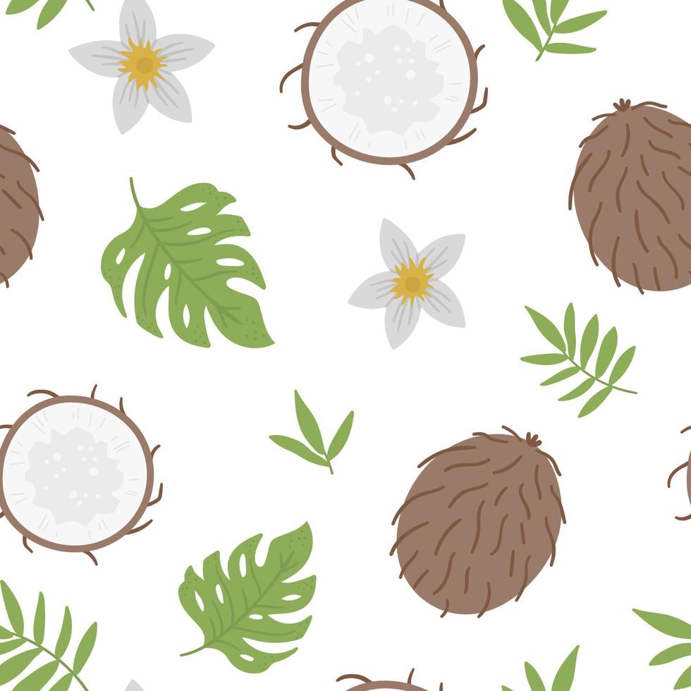 Vector coconut seamless pattern. Jungle fruit repeat background. Hand drawn flat exotic texture. Bright childish healthy tropical summer food digital paper.