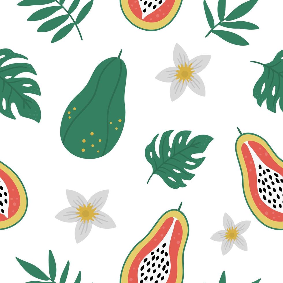 Vector pawpaw seamless pattern. Jungle fruit repeat background. Hand drawn flat exotic texture. Bright childish healthy tropical summer food digital paper.