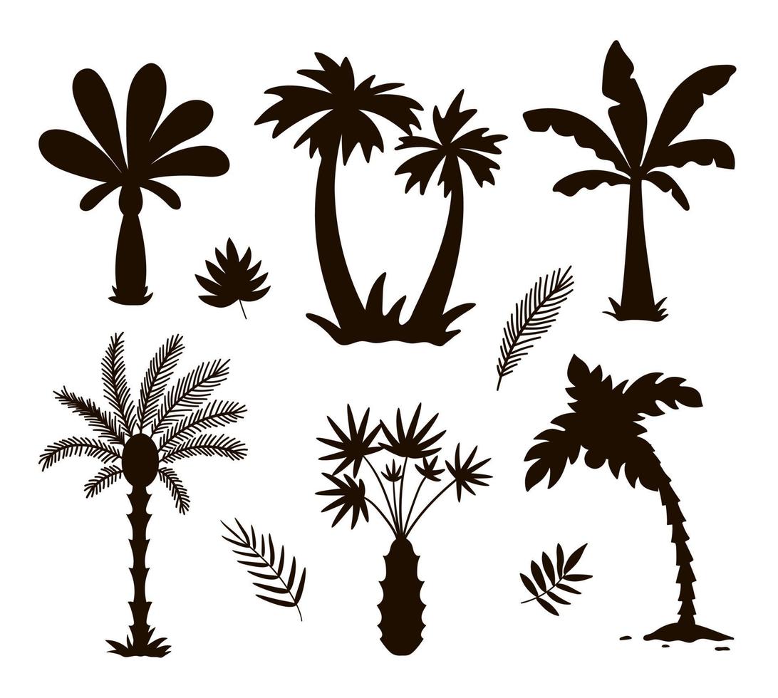 Vector tropical palm trees silhouettes. Jungle foliage black illustration. Hand drawn black exotic plants isolated on white background. Summer trees stamp design