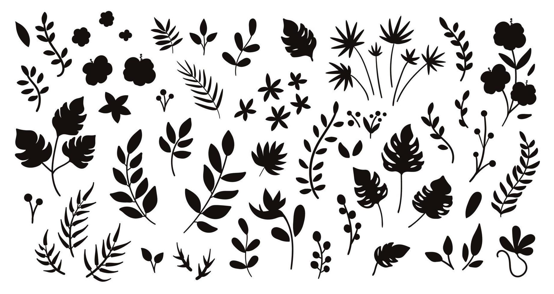 Vector tropical flowers leaves and twigs silhouettes. Jungle foliage and florals black illustration. Hand drawn flat exotic plants isolated on white background. Summer greenery shadows for children.