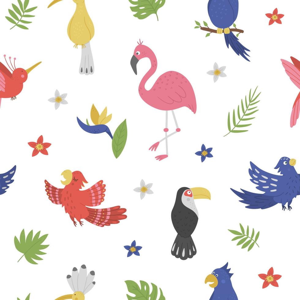 Vector seamless pattern with cute exotic birds, leaves, flowers. Funny tropical background with animals and plants. Bright flat texture for children. Jungle summer digital paper
