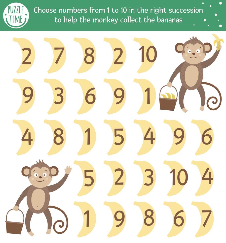 Tropical math game with cute characters. Jungle mathematic maze activity for preschool children. Choose numbers from 1 to 10 to help the monkey collect the bananas. Simple summer game for kids vector
