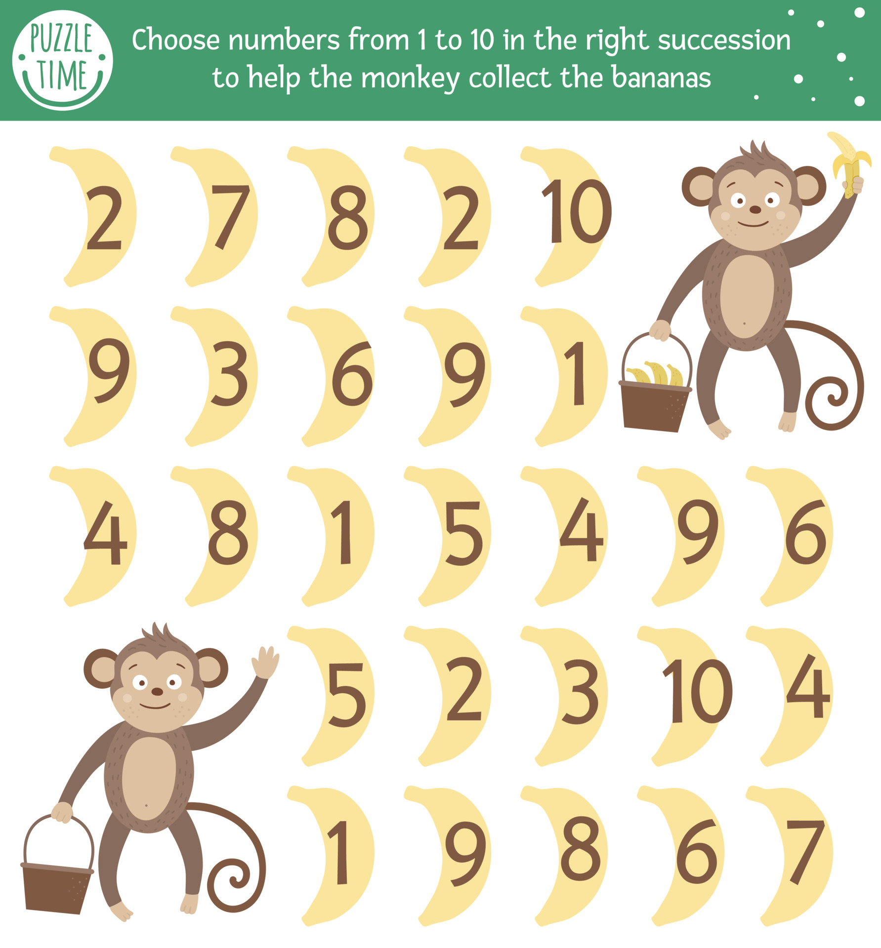 Tropical math game with cute characters. Jungle mathematic maze activity  for preschool children. Choose numbers from 1 to 10 to help the monkey  collect the bananas. Simple summer game for kids 7148255