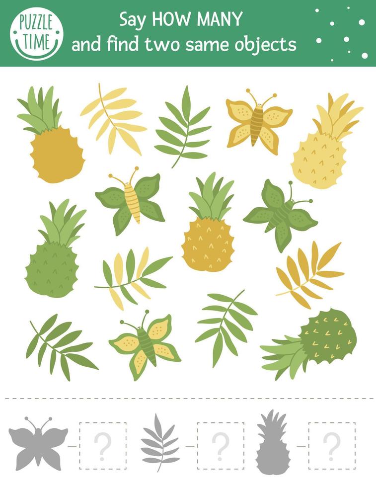 Tropical counting game with exotic fruits. Tropic math activity for preschool children. How many objects worksheet. Educational riddle with cute funny pictures. Simple summer game for kids vector