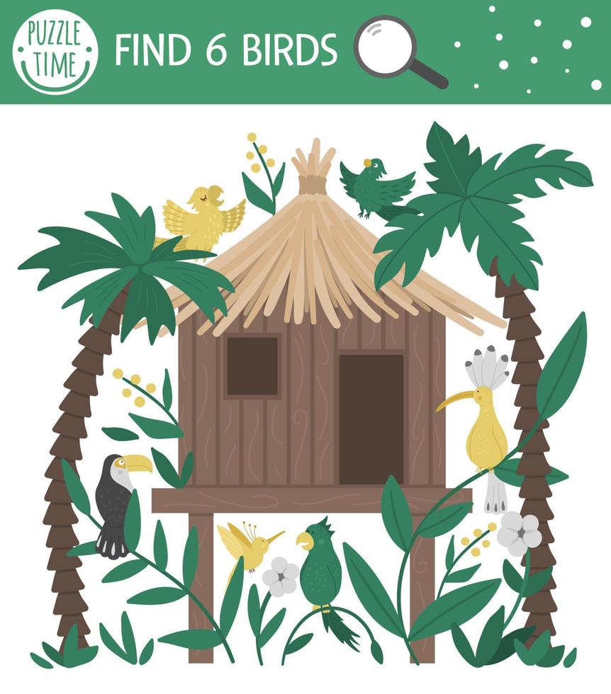 Tropical searching game for children with jungle hoot, parrots, toucan, hoopoe. Cute funny smiling characters. Find hidden birds in the tropic house. Simple summer game. vector