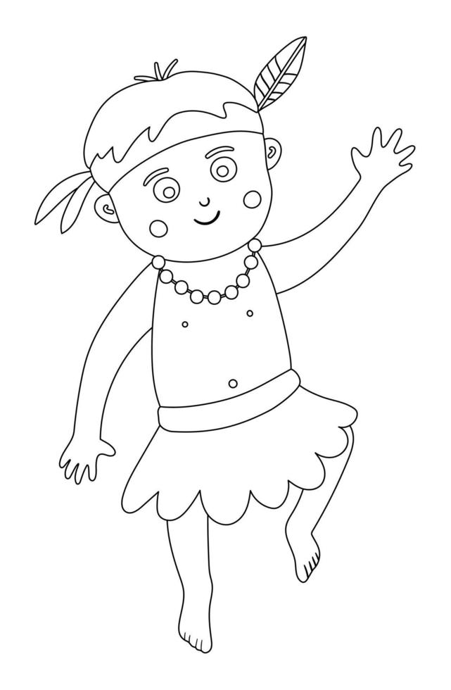 Vector flat African or Papuan boy outline. Cute tropical, jungle, exotic summer character. Funny black and white illustration of a child with beads, feather and loin cloth