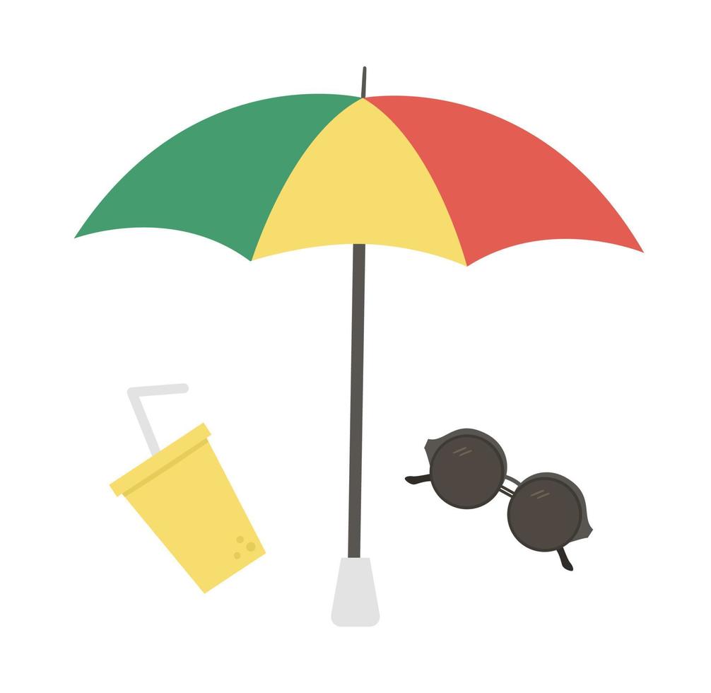 Vector beach umbrella, drink and sunglasses isolated on white background. Set of summer clipart elements. Cute flat illustration for kids with shielding glasses, parasol, beverage. Beach objects.