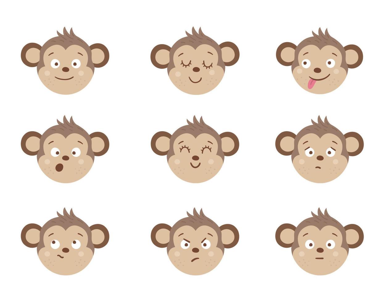 Vector monkey faces with different emotions. Set of animal emoji stickers. Heads with funny expressions isolated on white background. Cute avatars collection
