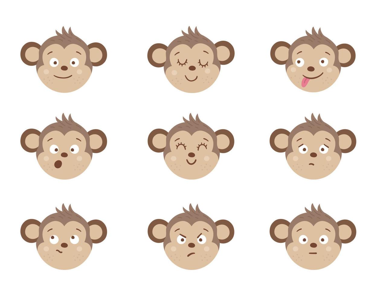 vector caras de mono con diferentes emociones. conjunto de pegatinas emoji de animales. cabezas con expresiones divertidas aisladas sobre fondo blanco. linda colección de avatares