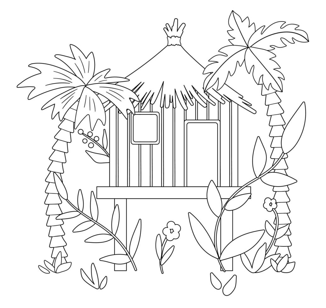 ilustración vectorial en blanco y negro de la jungla con palmeras y hojas. bosquejo de bungalow tropical sobre pilotes. linda casa exótica divertida en la selva tropical. divertida página para colorear para niños vector