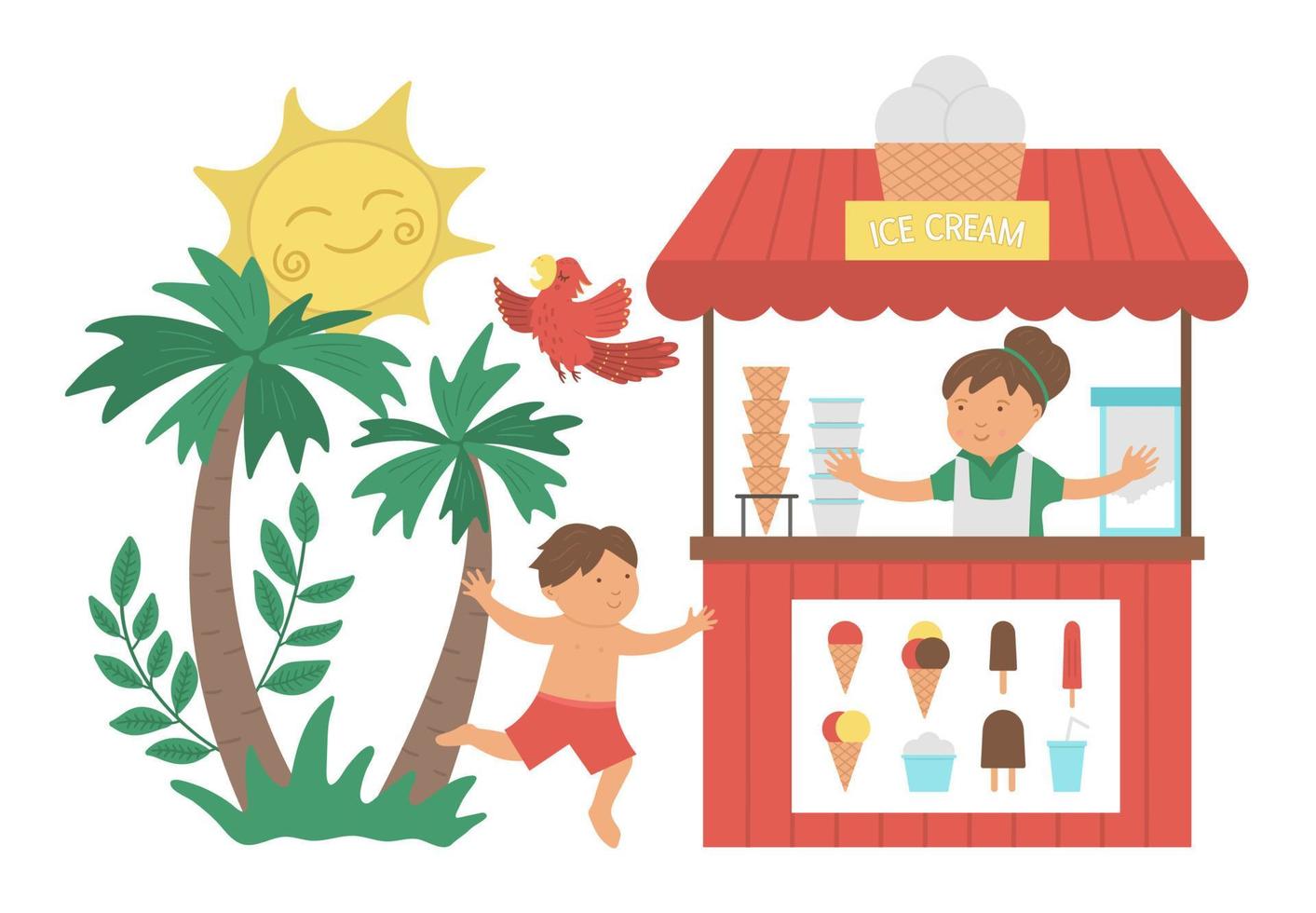 Vector boy running to ice cream stall. Flat tropical beach illustration with funny kid, sun, palm trees, parrot, ice-cream stand. Cute summer concept for kids.