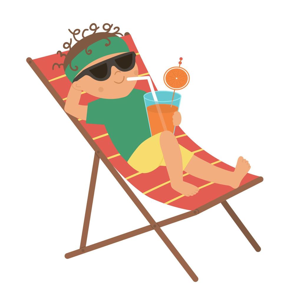 Vector kid relaxing on a deck chair and drinking lemonade. Child doing beach activity. Cute boy isolated on white background. Fun summer illustration