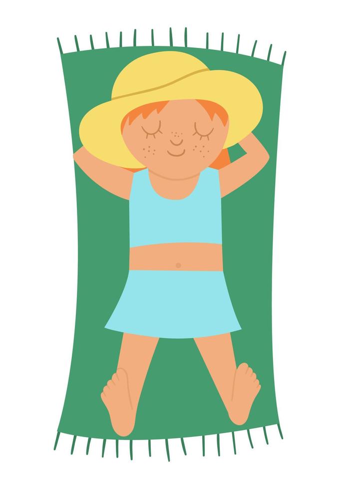 Vector kid lying in the sun. Child doing beach activity. Cute sunbathing girl isolated on white background. Fun summer illustration