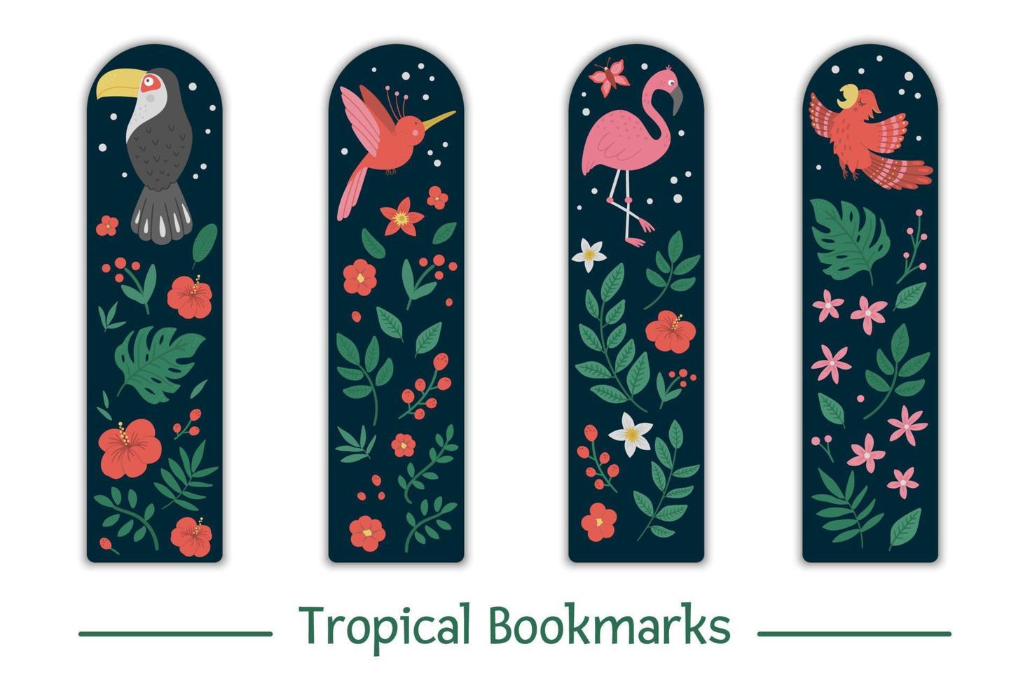 Vector set of bookmarks for children with tropical birds, leaves, flowers. Cute smiling toucan, flamingo, paradise bird, parrot on dark blue background. Vertical layout card templates.
