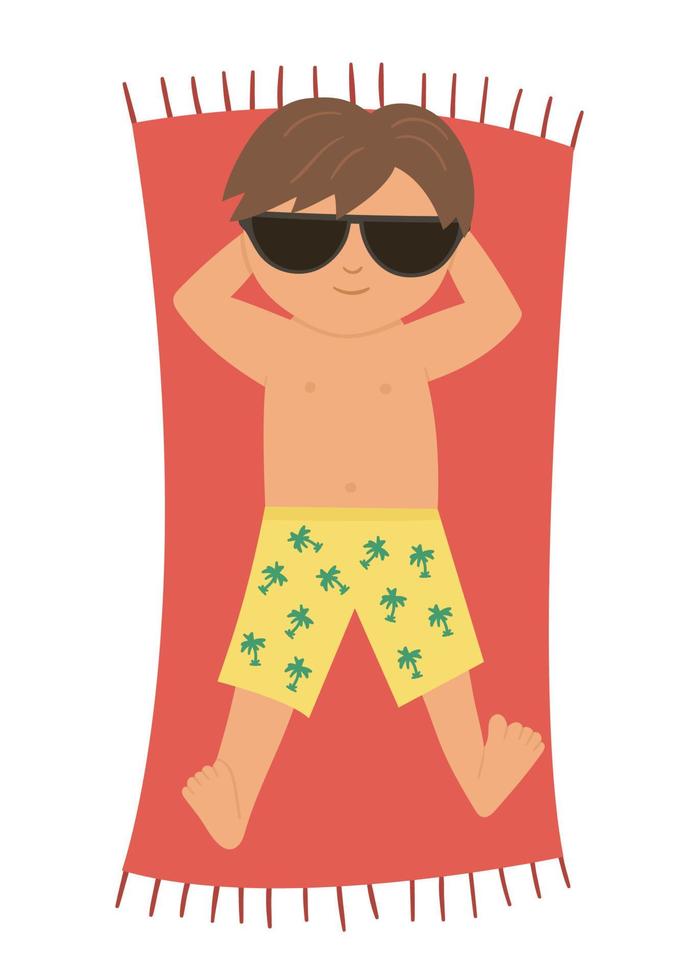 Vector kid lying in the sun. Child doing beach activity. Cute sunbathing boy isolated on white background. Fun summer illustration