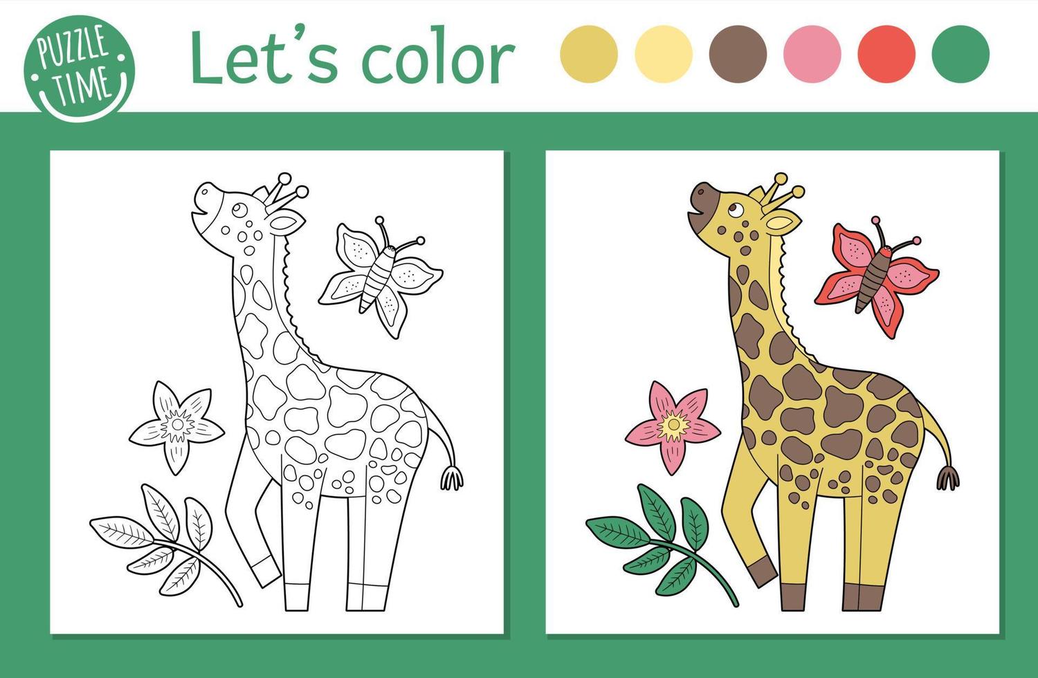 Tropical coloring page for children. Vector giraffe illustration. Cute funny animal character outline. Jungle summer color book for kids with colored version and example