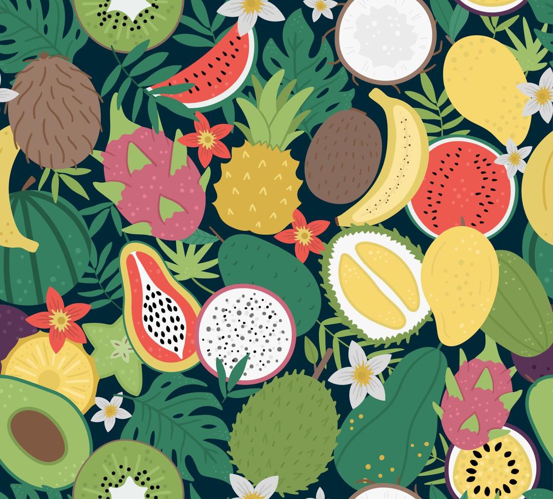 Vector seamless pattern with tropical fruit and berries with slices and halves. Jungle foliage background. Hand drawn flat exotic plants texture. Bright childish digital paper with healthy summer food