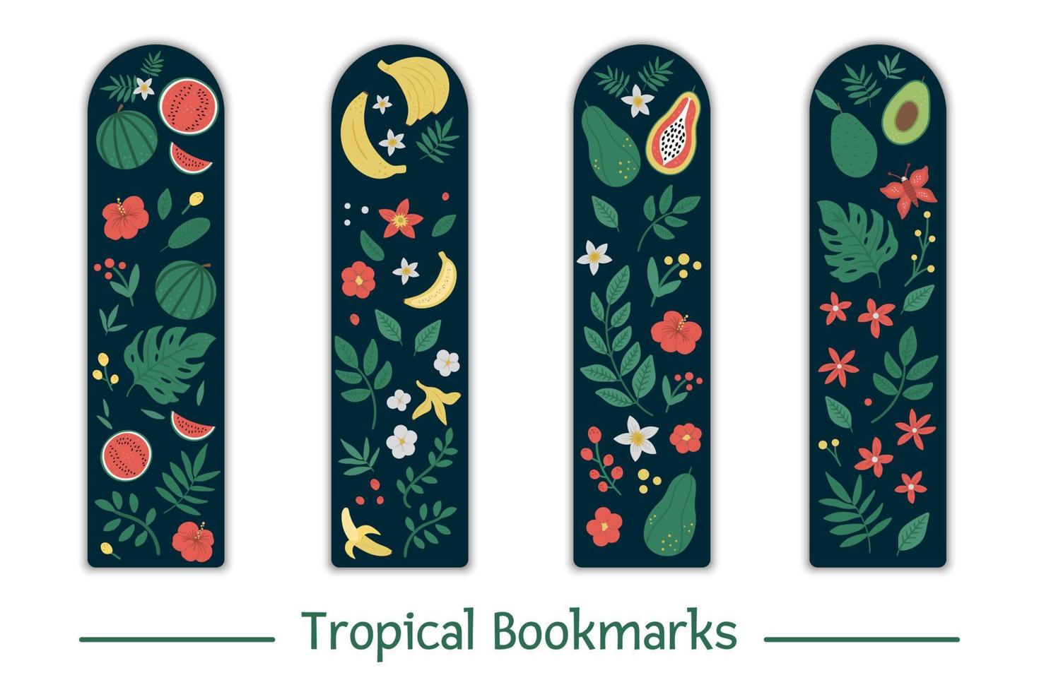 Vector set of bookmarks for children with tropical fruit, leaves, flowers. Cute watermelon, bananas, pawpaw, avocado on dark blue background. Vertical layout card templates. Stationery for kids.
