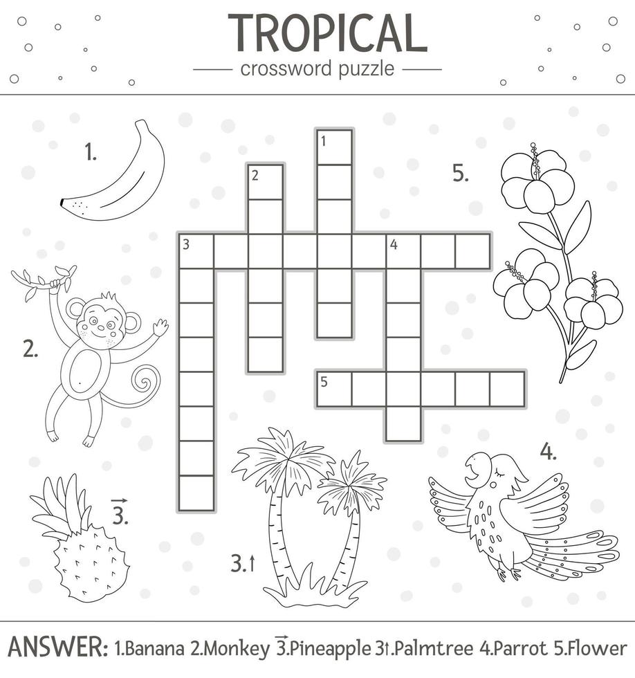 crucigrama vectorial de verano para niños. cuestionario con elementos tropicales para niños. actividad educativa de la jungla con lindos personajes divertidos vector