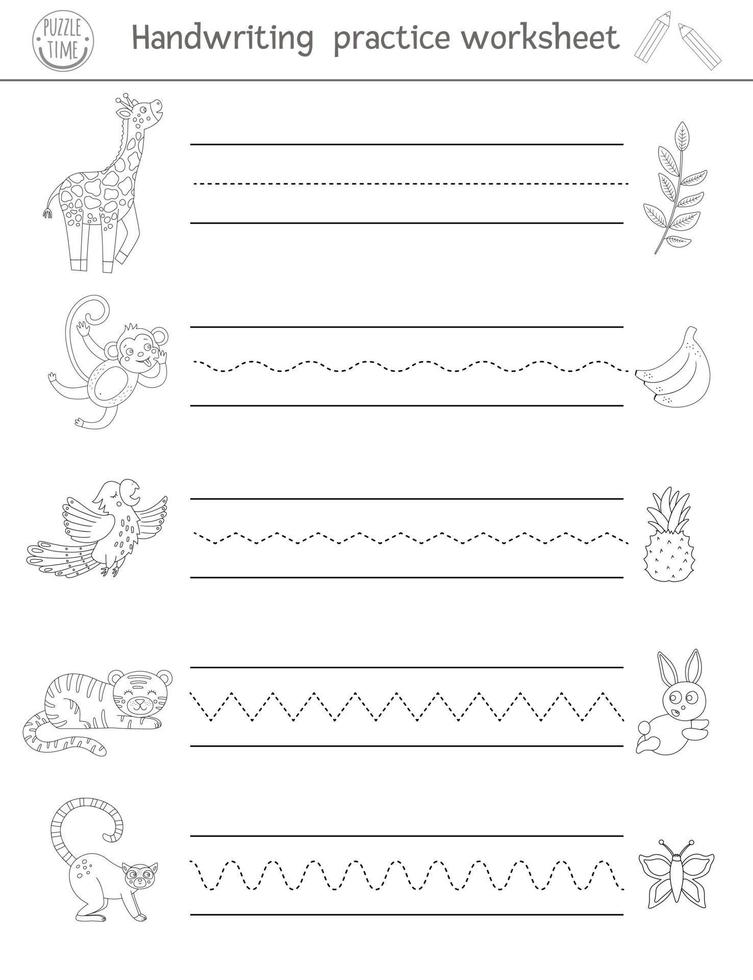 Vector handwriting practice worksheet. Printable black and white activity for pre-school children. Educational game for writing skills development. Tropical coloring page for kids with animals