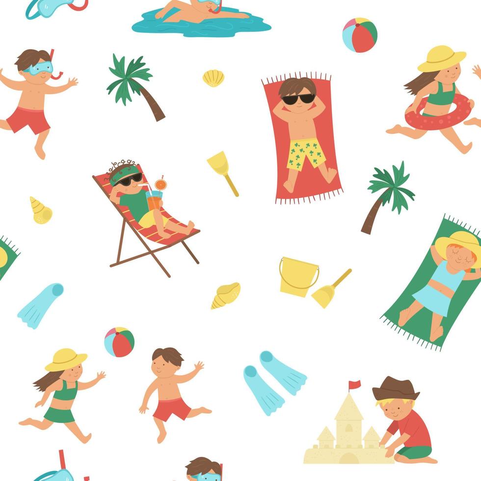 Vector summer seamless pattern with children doing summer activities. Repeat background with kids playing on the beach. Cute girls and boys swimming, playing ball, lying in the sun.