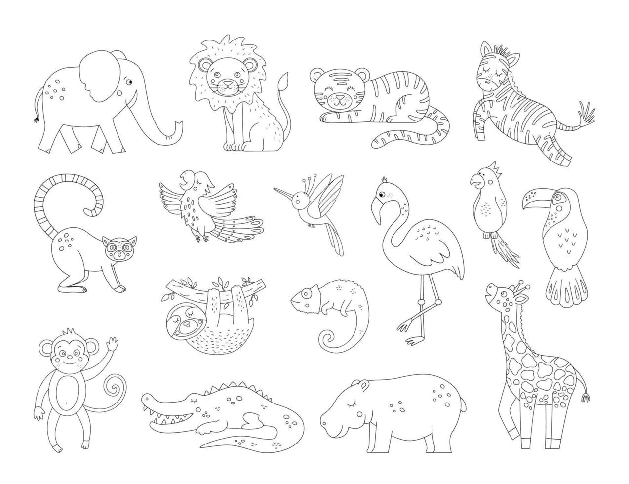 Vector cute exotic animals and birds outlines. Funny tropical black and white illustration. Jungle summer sketch