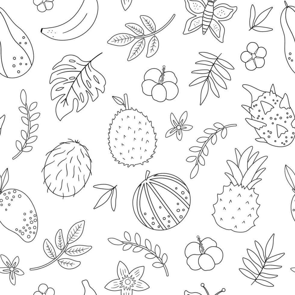 vector patrón transparente blanco y negro tropical con frutas, flores y hojas. follaje de la selva y papel digital floral. fondo de plantas exóticas dibujadas a mano. textura de verano infantil monocromática