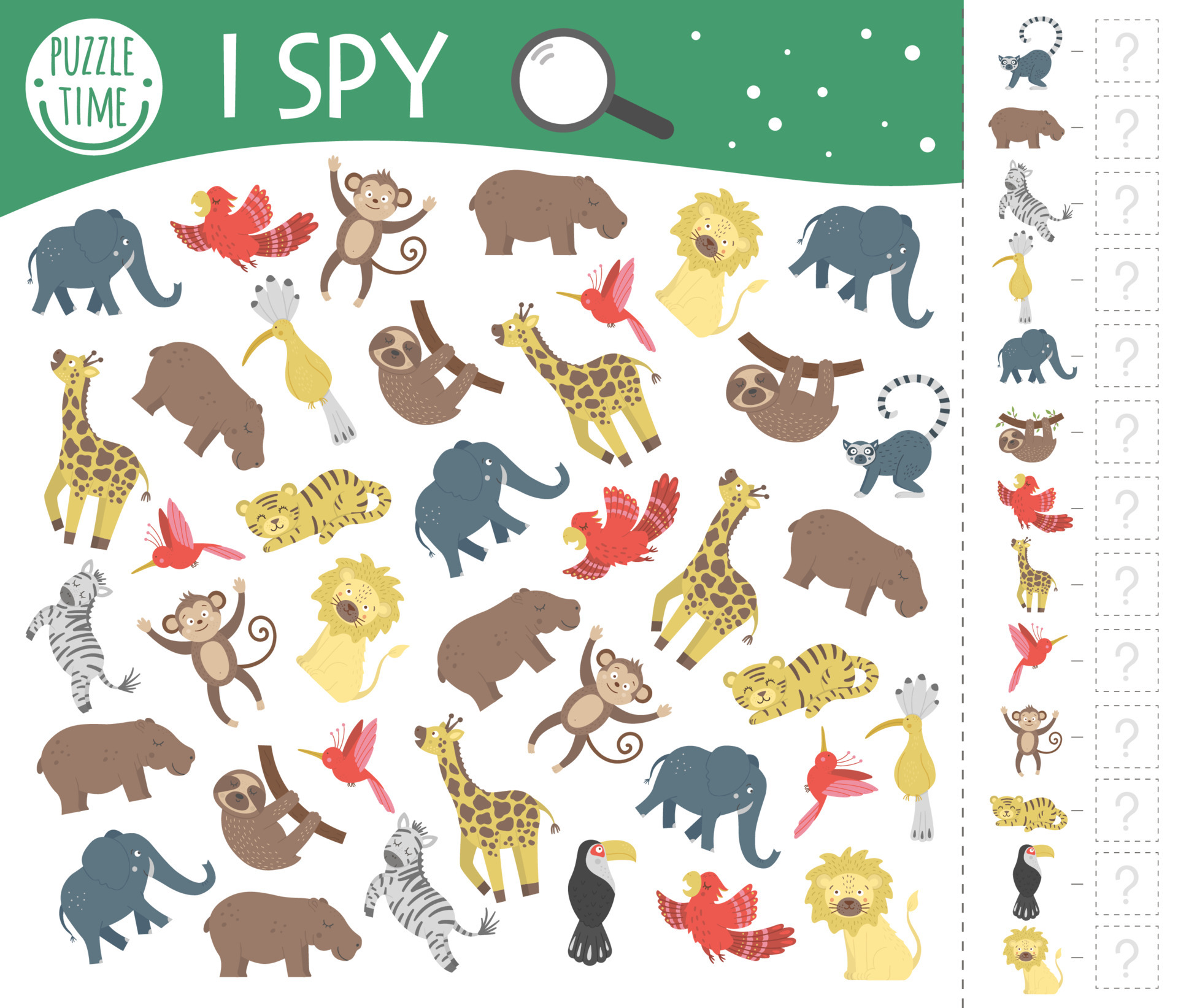 tropical i spy game for kids exotic searching and counting activity for preschool children with cute animals funny jungle game for kids logical quiz printable worksheet simple summer game 7148309 vector art