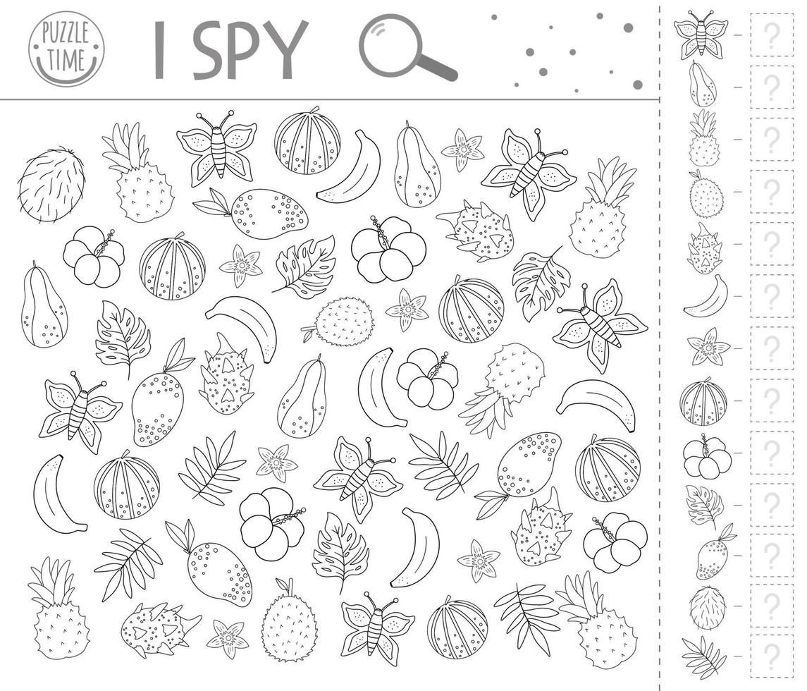 Tropical I spy game for kids. Exotic searching and counting activity for preschool children with cute elements. Funny jungle game for kids. Logical quiz printable worksheet. Simple summer game. vector