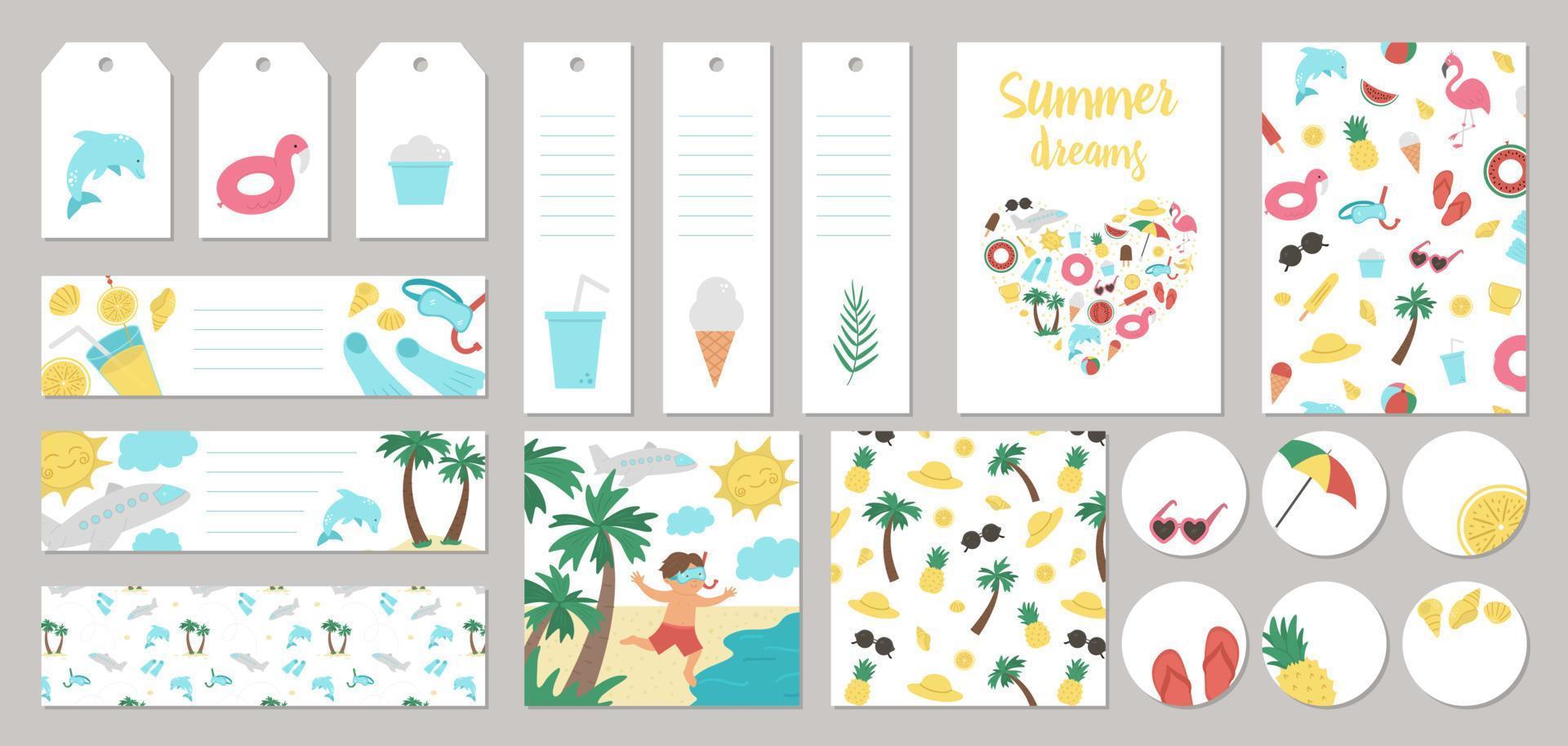 Set of vector summer gift tags, labels, pre-made designs, bookmarks with palm tree, plane, sunglasses, inflatable rings. Funny vacation or holidays card templates with cute beach objects.