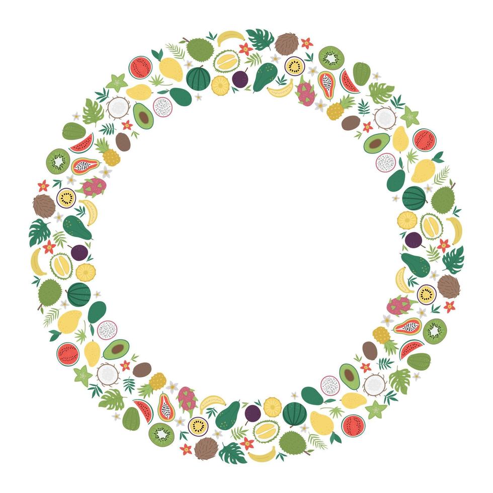 Vector round frame with tropical fruit and berries with slices and halves. Jungle foliage banner design framed in circle. Cute funny card template with exotic plants.