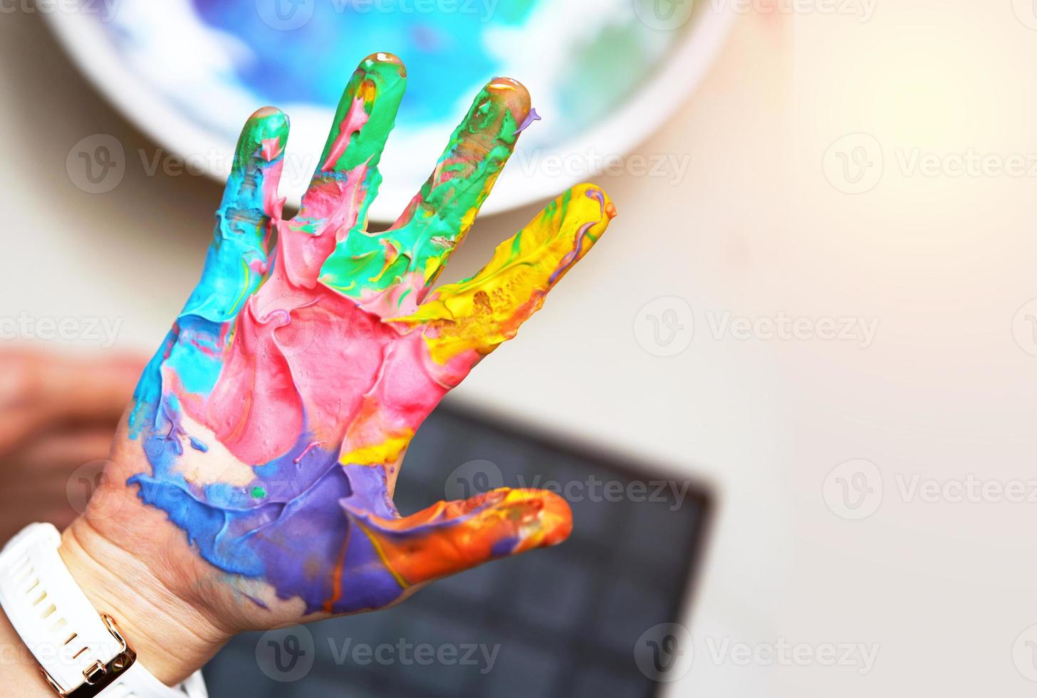 Colorful hand paint before print with fun art work photo