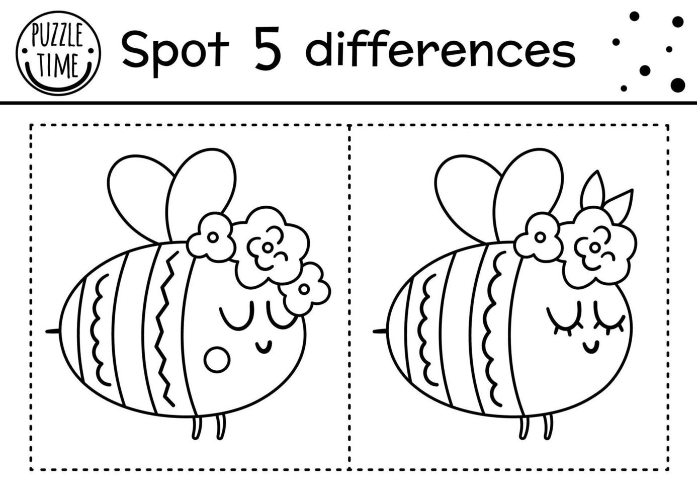 Forest find differences game for children with cute bumblebee. Woodland black and white activity and coloring page with insect. Spring printable worksheet. vector
