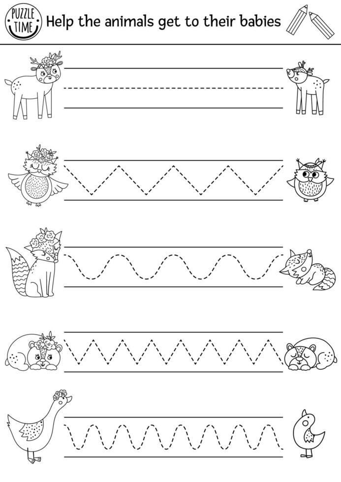 hoja de trabajo de práctica de escritura a mano del día de la madre vectorial. actividad imprimible en blanco y negro de primavera para niños en edad preescolar. juego de rastreo forestal para habilidades de escritura con lindos animales y sus bebés vector