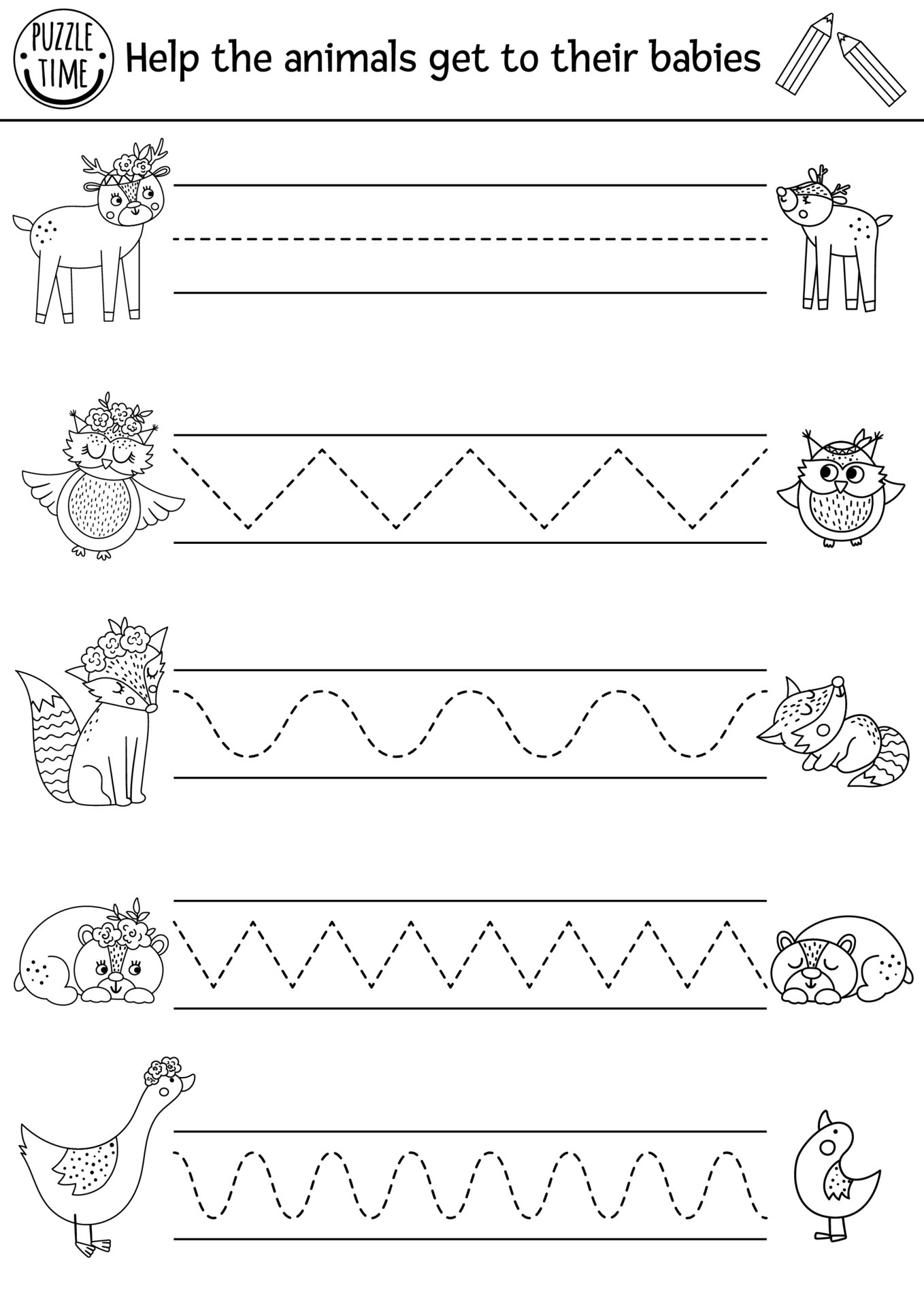 Vector mothers day handwriting practice worksheet. Spring printable black  and white activity for pre-school children. Forest tracing game for writing  skills with cute animals and their babies 7148419 Vector Art at Vecteezy