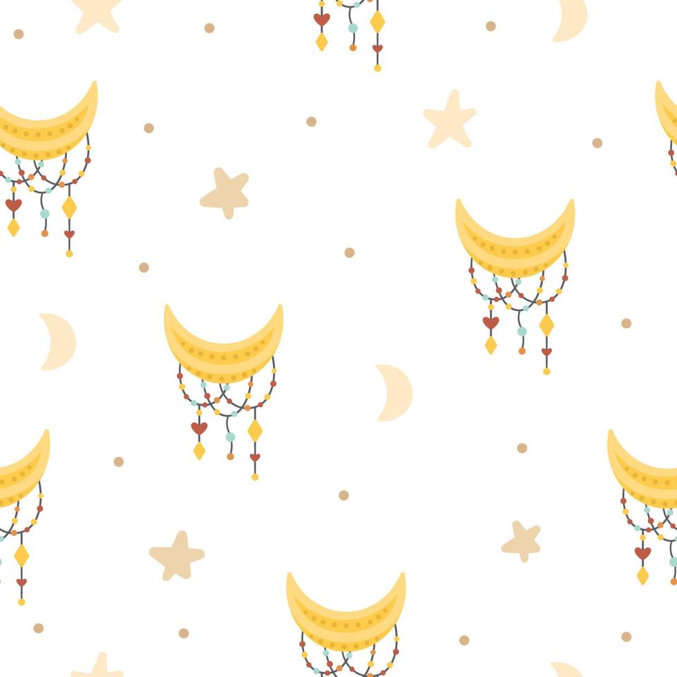 Vector boho ornament. Bohemian seamless pattern with stars and crescent moons. Wild and free repeating background. Ethnic native American or tribal digital paper