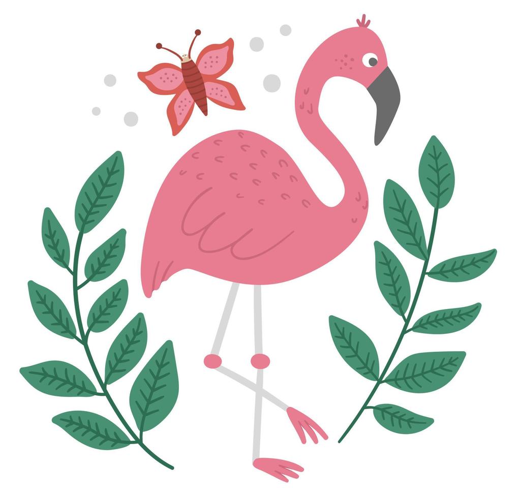 Vector cute composition with pink flamingo, tropical leaves and butterfly. Funny exotic bird illustration. Bright flat picture for children. Jungle summer clip art