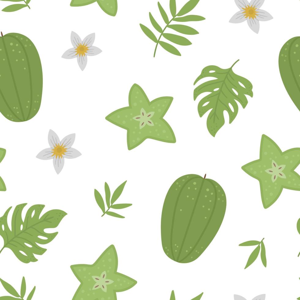 Vector carambola seamless pattern. Jungle fruit repeat background. Hand drawn flat exotic texture. Bright childish healthy tropical summer food digital paper.