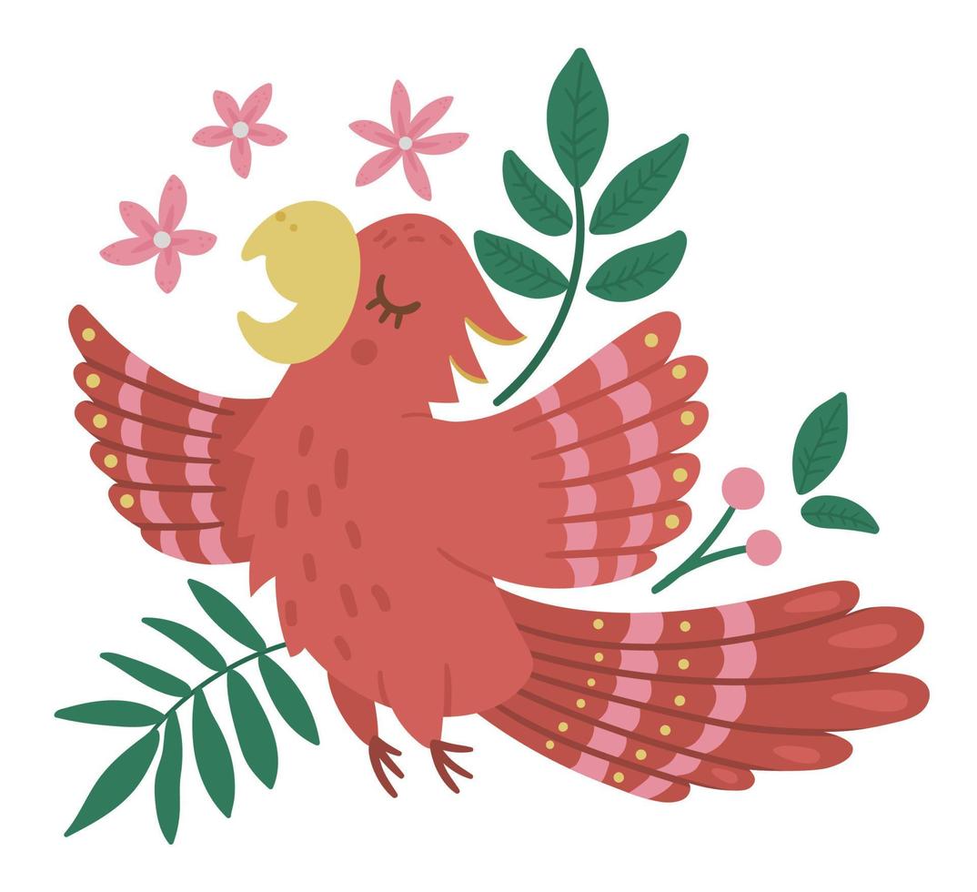 linda composición vectorial con loro volador, hojas tropicales y flores. divertida ilustración de aves exóticas. imagen plana brillante para niños. imágenes prediseñadas de verano de la selva vector