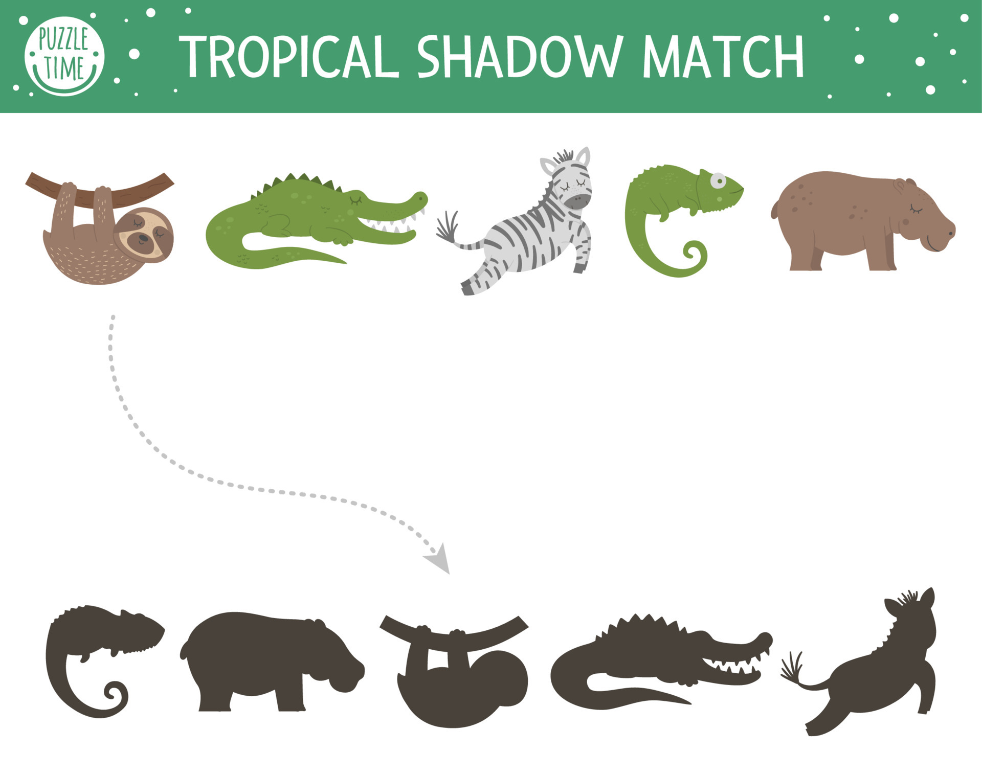 Tropical shadow matching activity for children. Preschool jungle puzzle.  Cute exotic educational riddle. Find the correct tropic animal silhouette  printable worksheet. Simple summer game for kids 7148432 Vector Art at  Vecteezy