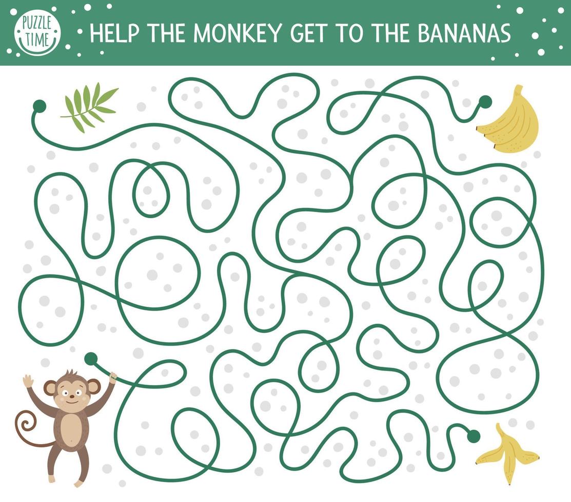 Tropical maze for children. Preschool exotic activity. Funny jungle puzzle. Help the monkey get to the bananas. Simple summer game for kids vector