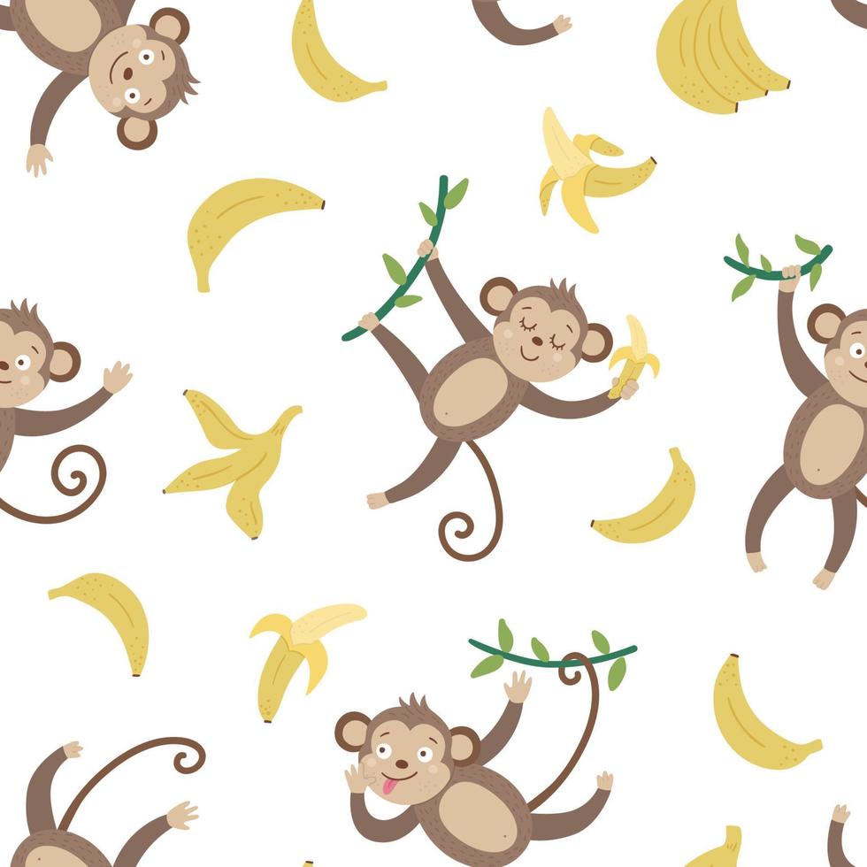 Vector seamless pattern with cute monkeys and bananas. Funny tropical animals and fruit digital paper. Bright flat background for children. Jungle summer texture