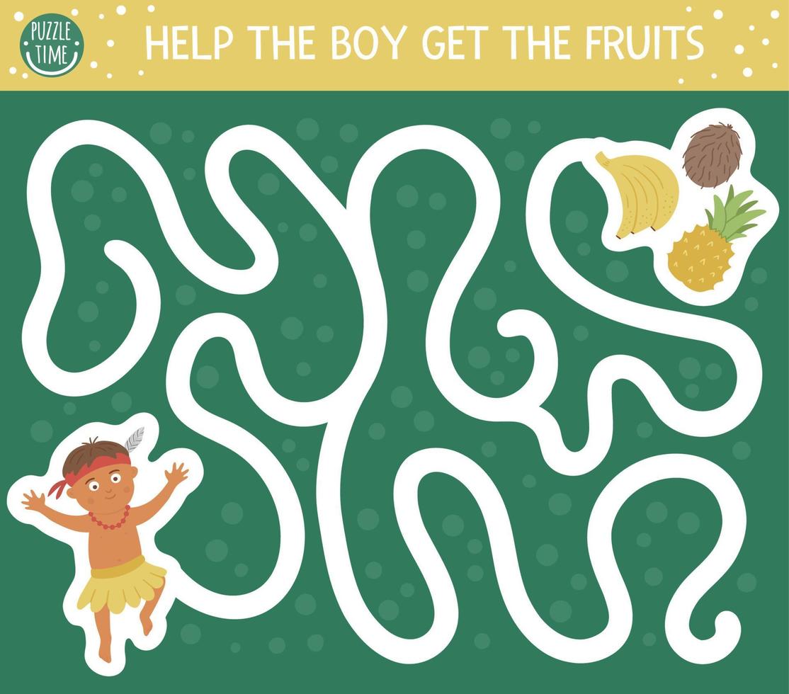 Tropical maze for children. Preschool exotic activity. Funny jungle puzzle. Help the boy get to the fruits. Simple summer game for kids vector