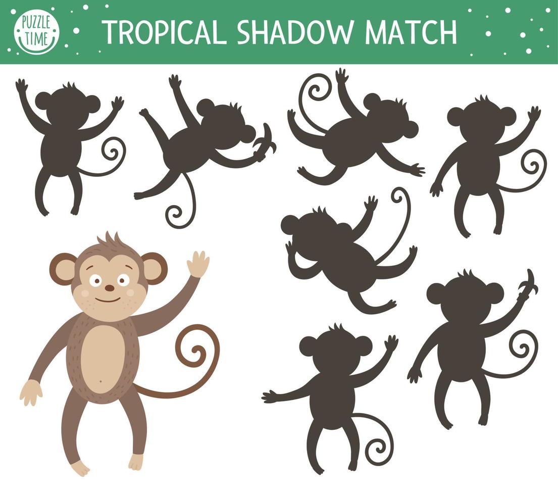 Tropical shadow matching activity for children. Preschool jungle puzzle. Cute exotic educational riddle. Find the correct monkey silhouette printable worksheet. Simple summer game for kids vector