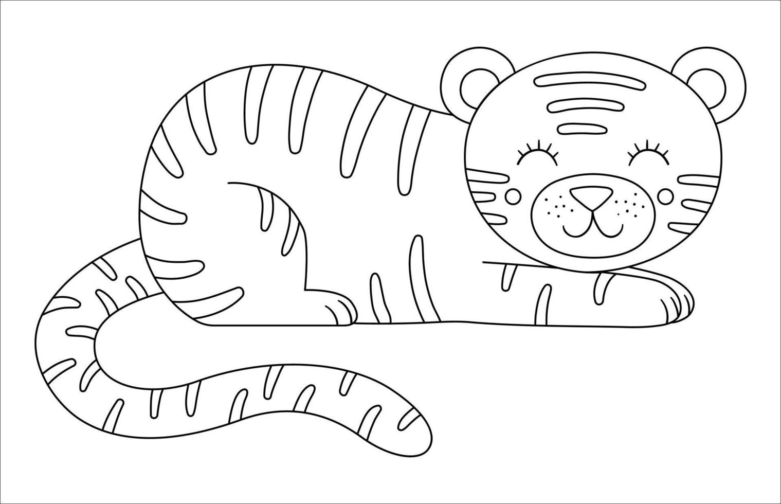 contorno de tigre lindo vector. divertido animal exótico tropical ilustración en blanco y negro. divertida página para colorear para niños. imágenes prediseñadas de verano de la selva vector