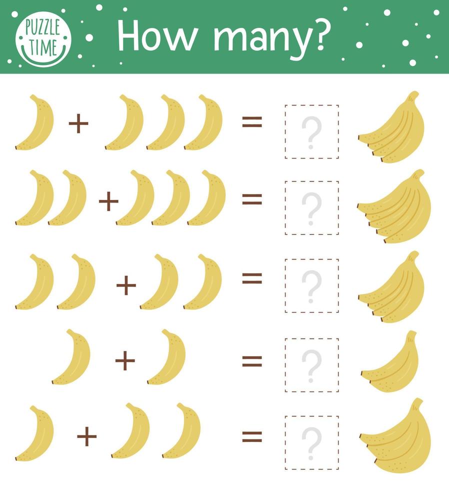 Math game with bananas. Tropical mathematic activity for preschool children. Jungle counting worksheet. Educational addition riddle with cute funny elements. Simple summer game for kids vector