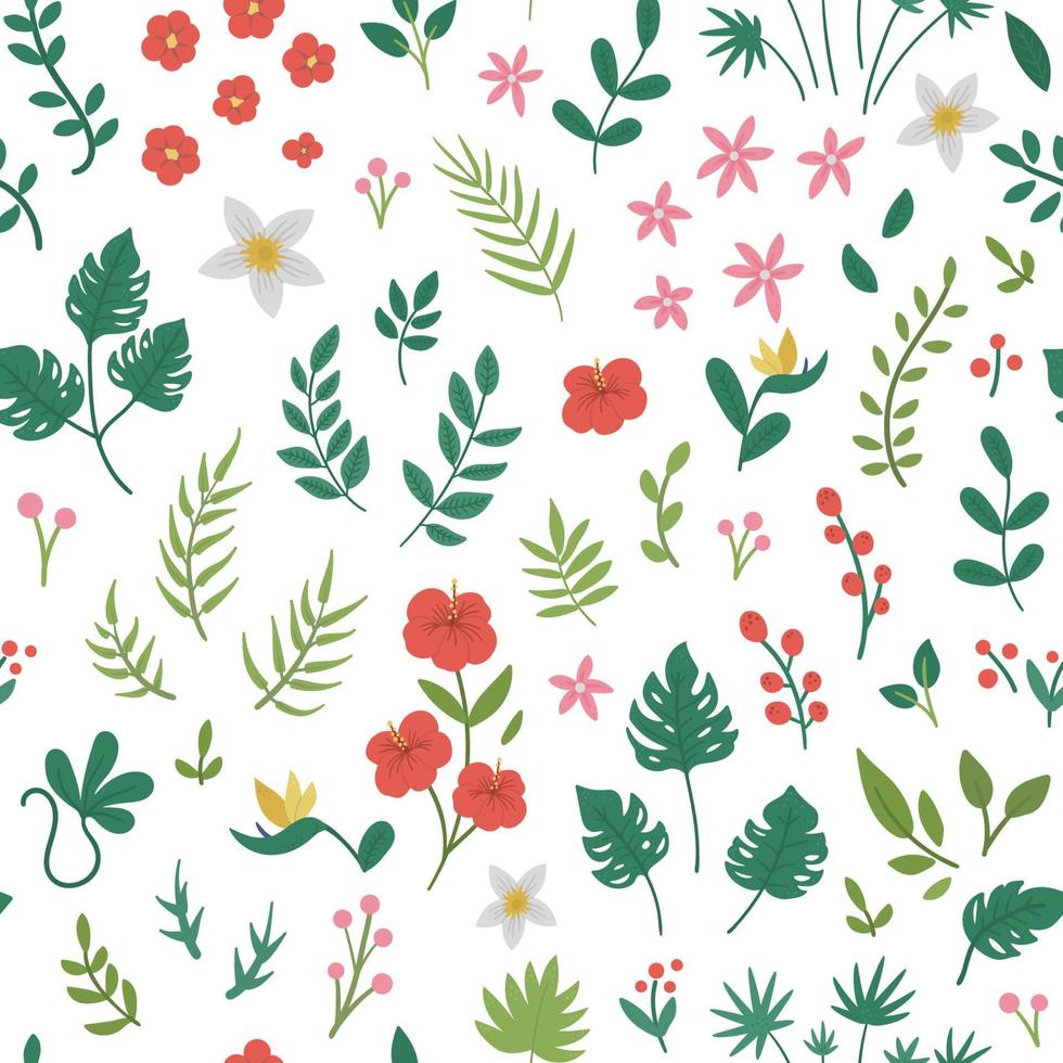 Vector tropical flowers leaves and twigs seamless pattern. Jungle foliage and florals texture. Hand drawn flat exotic plants digital paper. Bright childish summer greenery ornament.